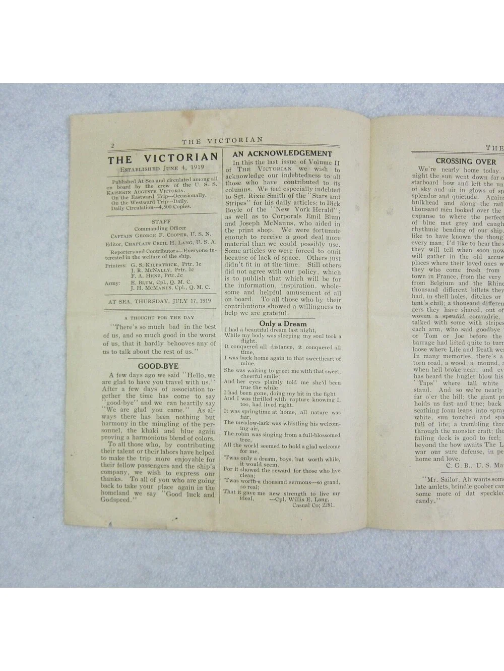 USS Kaiserin Auguste Victoria Shipboard Newspaper The Victorian WWI 17 July 1919